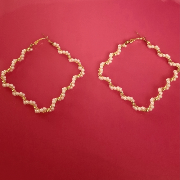 ➿⚪Twisted Pearl⚪Geometric🟨Square Earrings⚪➿ - Picture 4 of 5